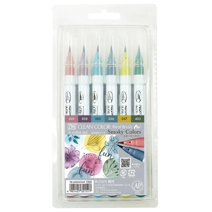 Kuretake Zig - Clean Colour Real Brush Set 6pk - Smoky Colours