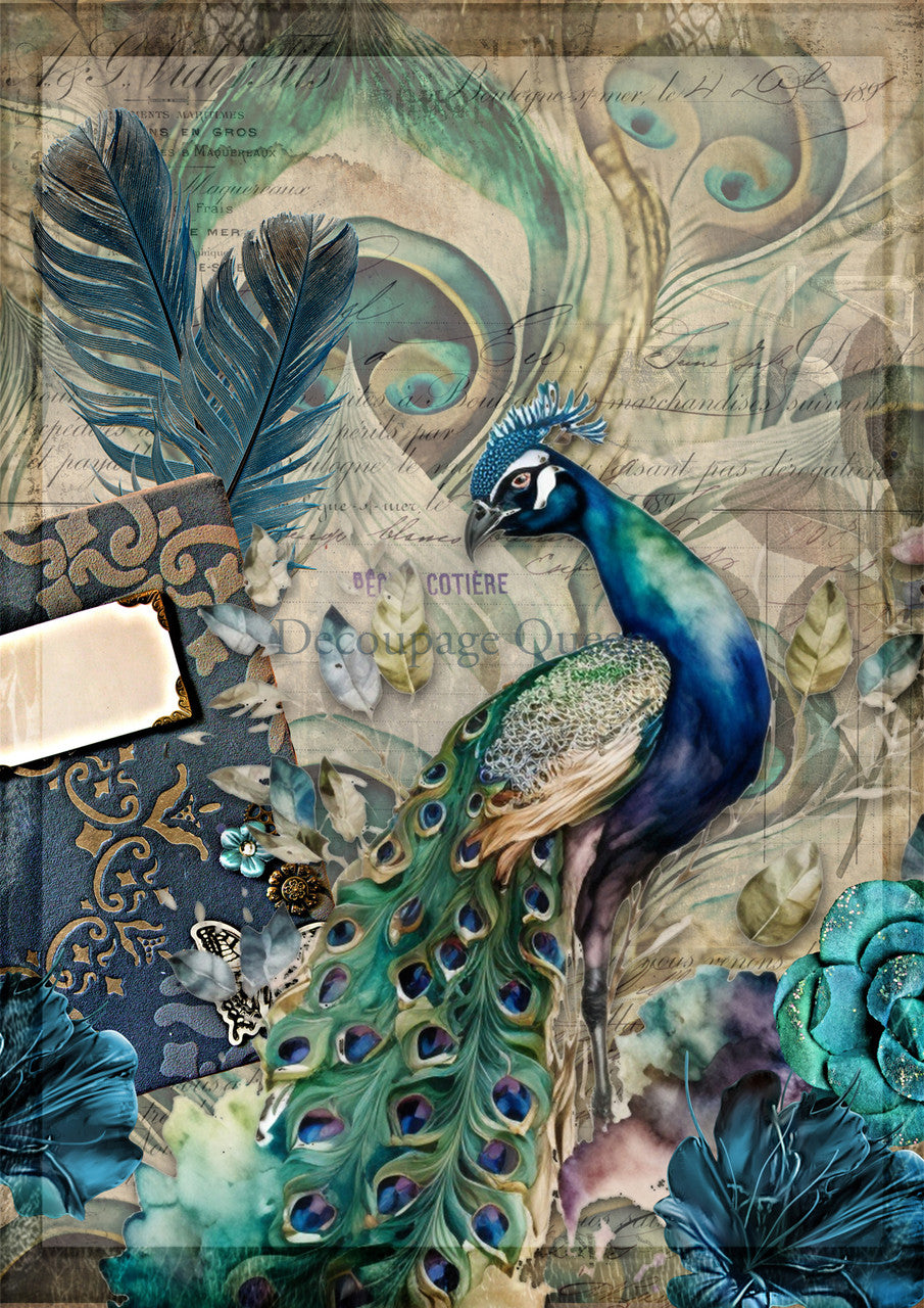 Decoupage Queen Rice Paper - A4 Sheet - Jeweled Peacock