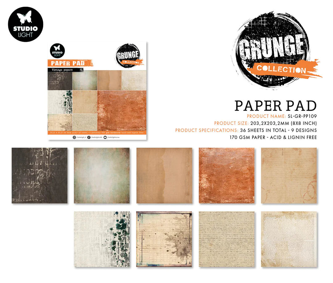 Studio Light  Grunge Collection Mixed Paper Pad - Vintage Papers 8 x 8