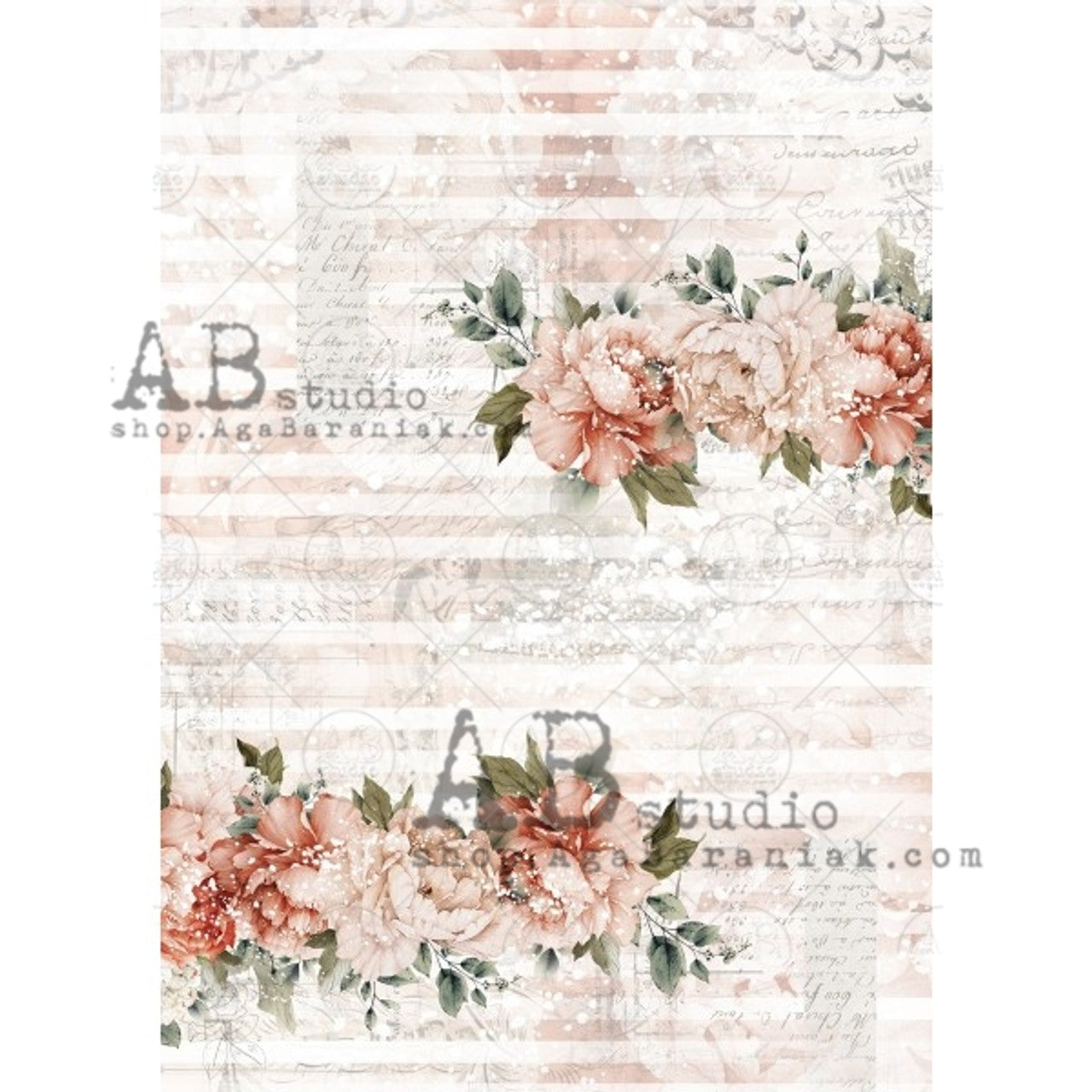 AB Studios - Rice Paper - A4 Sheet - Coral Roses and Stripes