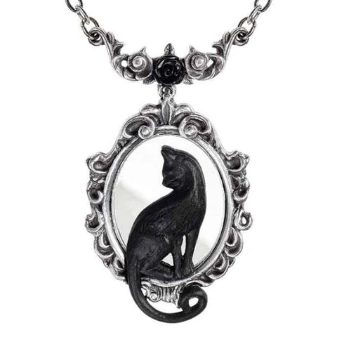 Pewter Cat On Mirror Pendant Necklace