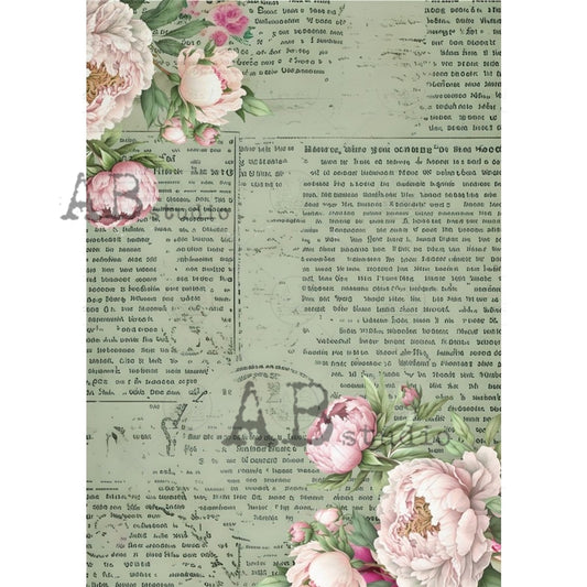 AB Studios - Rice Paper - A4 Sheet - Green Book Page with Pink Peonies